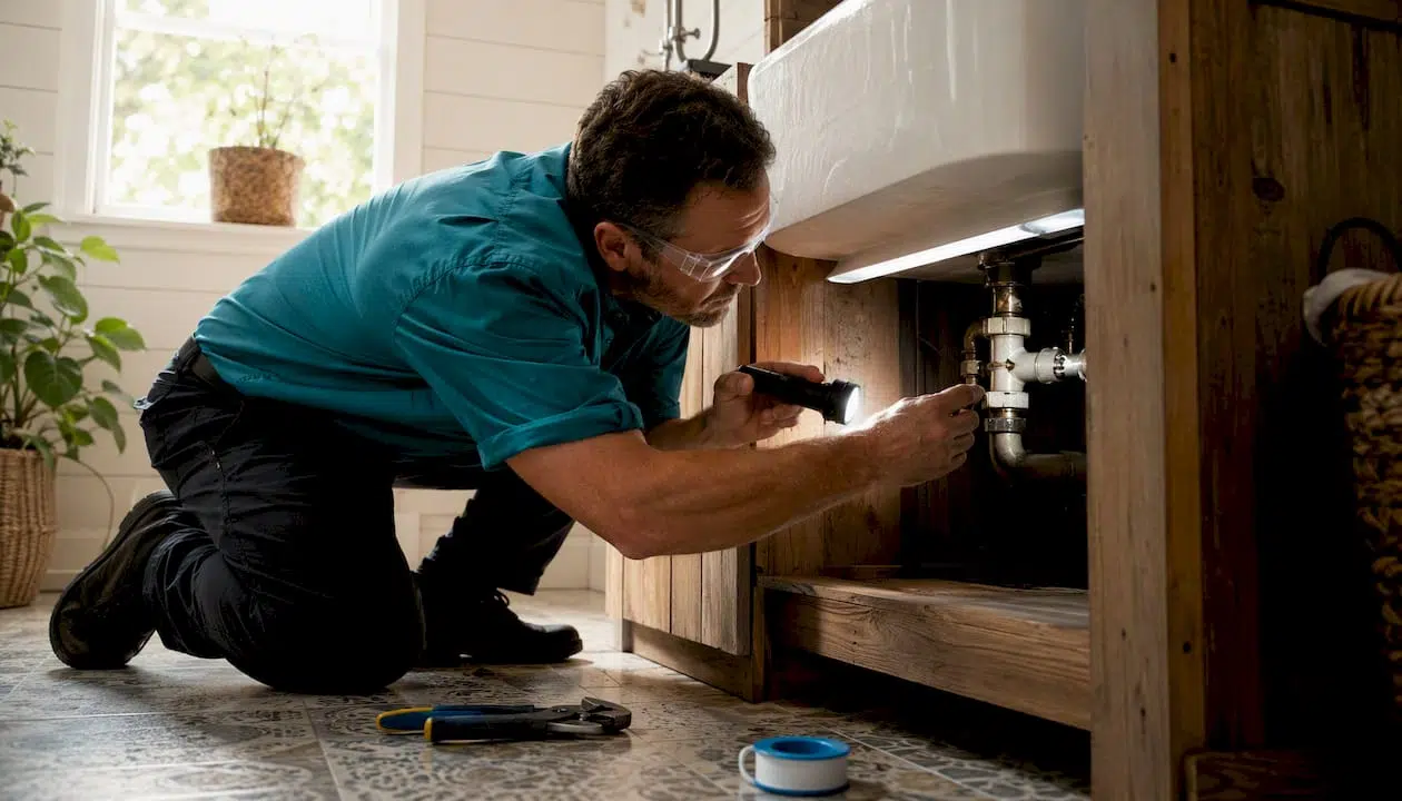 Plumber inspecting kitchen sink pipes