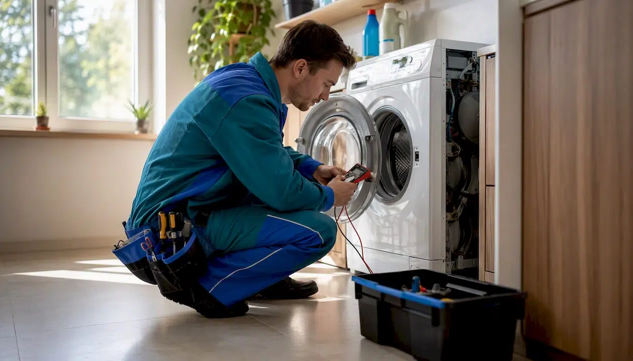 Licensed technician repairing washing machine in home