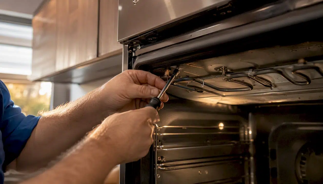 Hands inspecting oven heating element