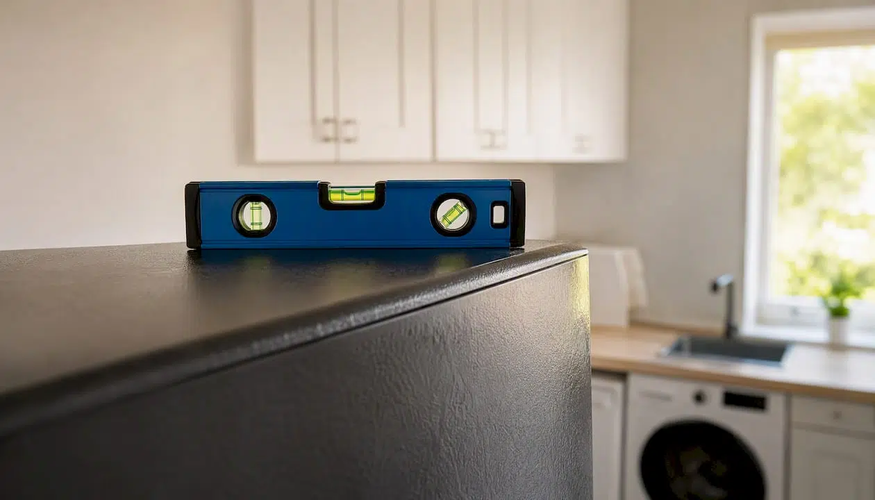 Bubble level on refrigerator top edge