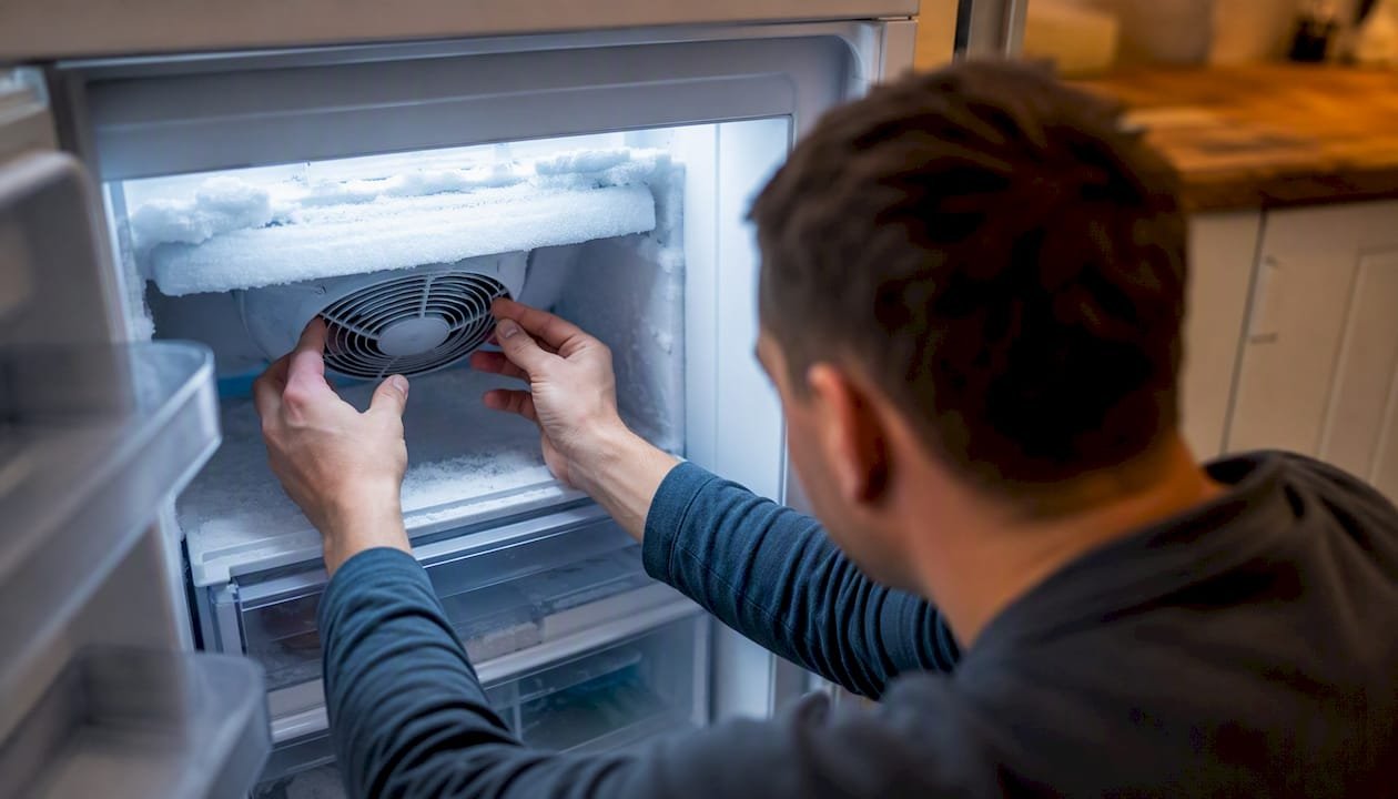 Person opening freezer listening for evaporator fan