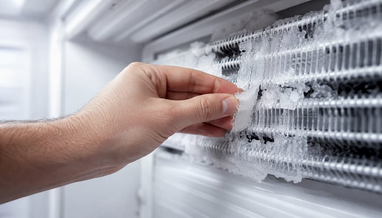 Hand removing ice buildup from evaporator coil