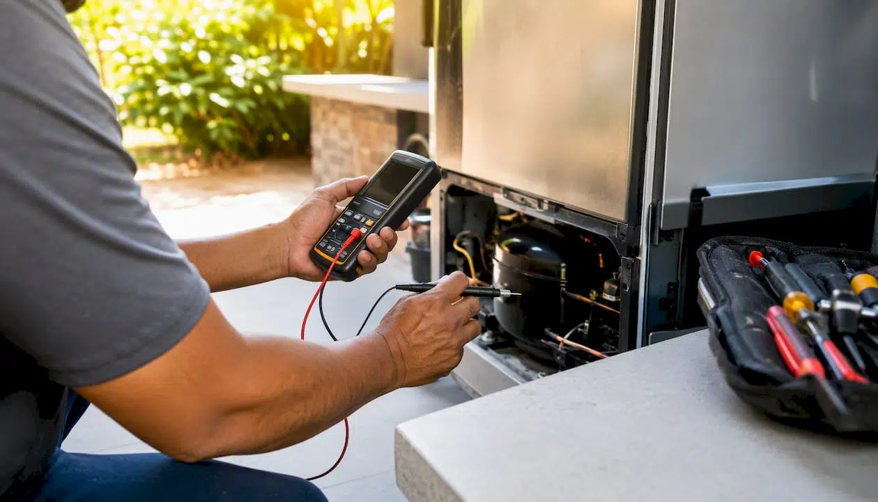 Technician diagnosing refrigerator compressor area