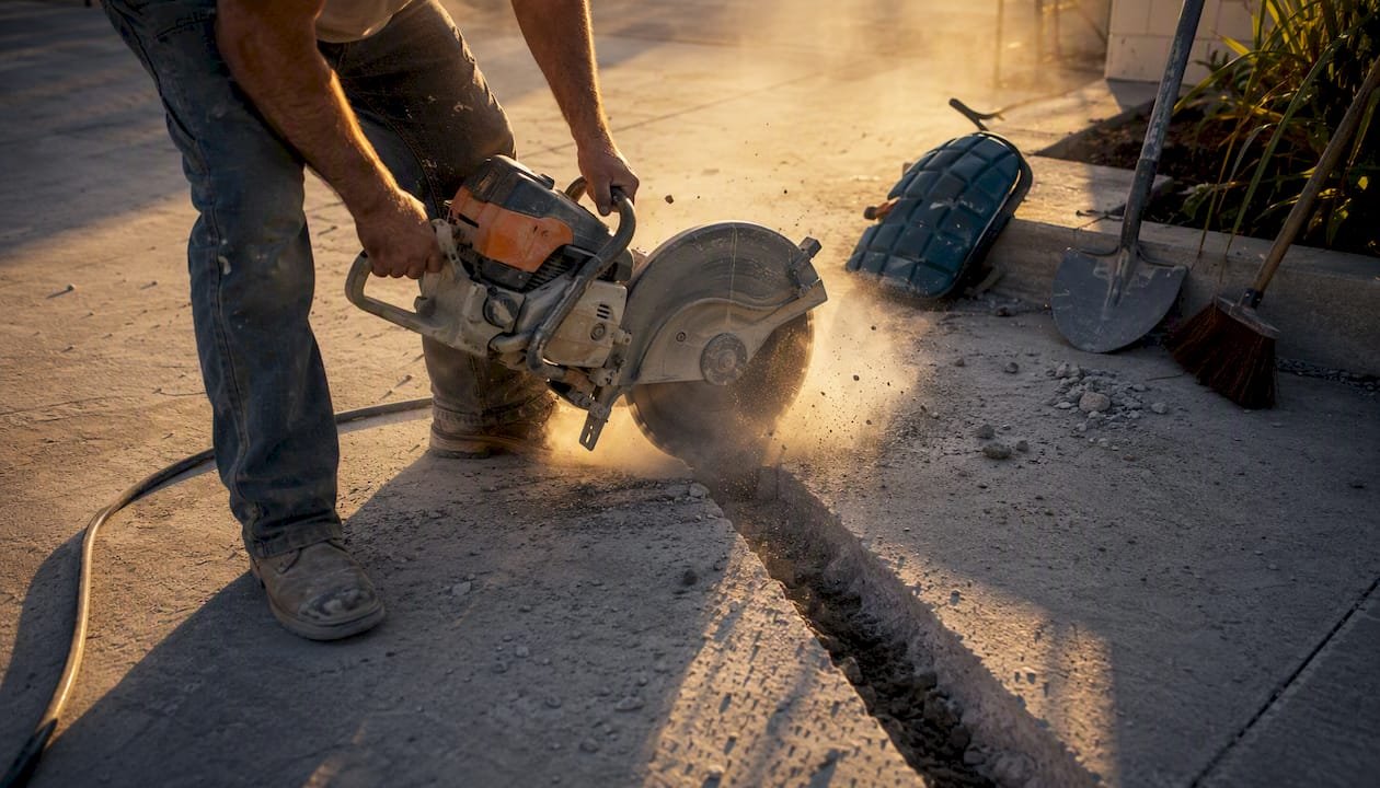 Plumber cutting concrete driveway for gas pipe trench
