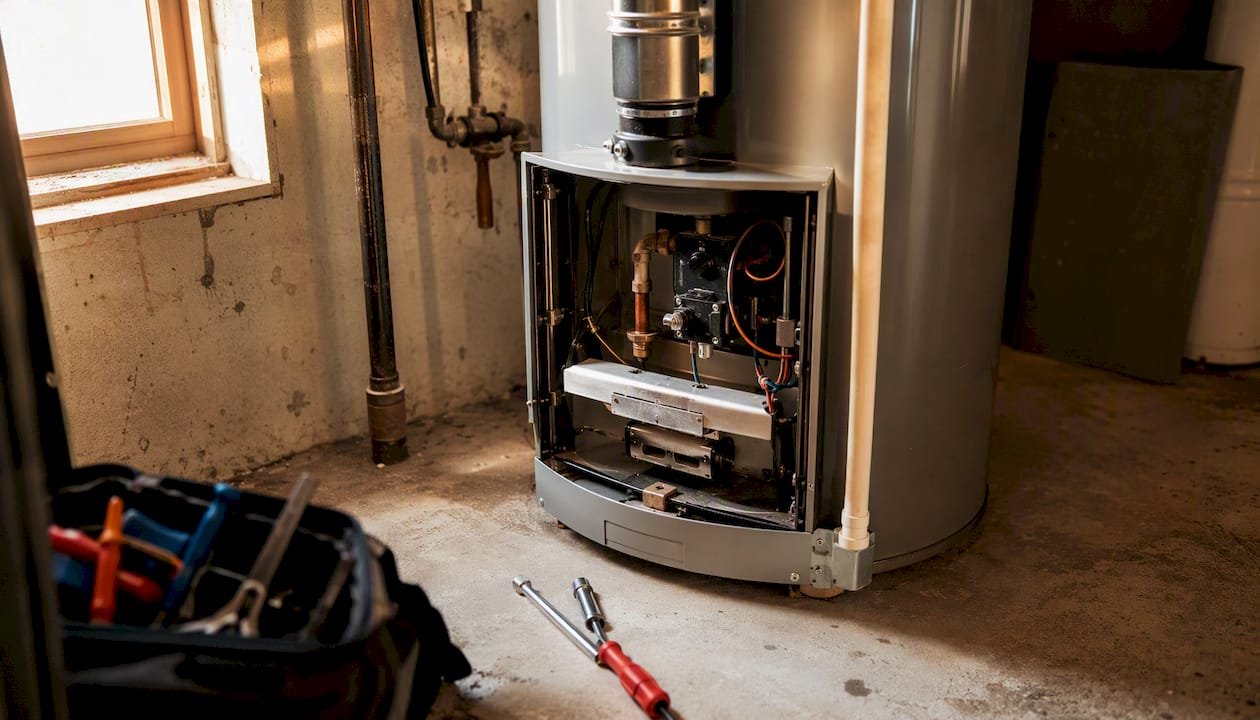 Storage tank water heater in a basement