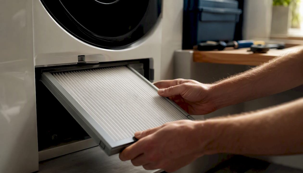 Hands installing a home HVAC air filter