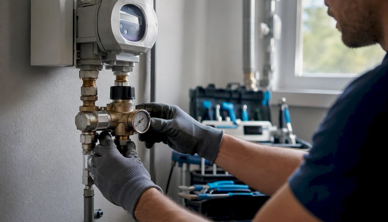 Plumber hands adjusting house pressure reducing valve