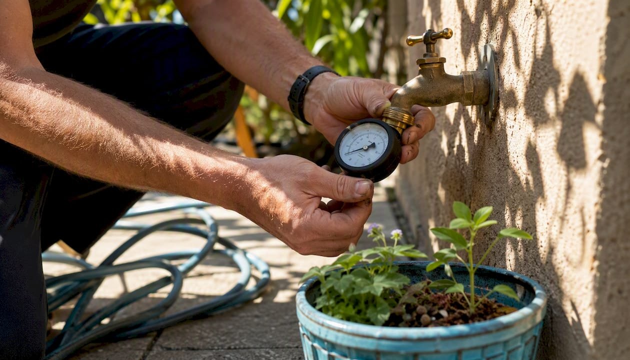 Hands screwing water pressure gauge on outdoor faucet