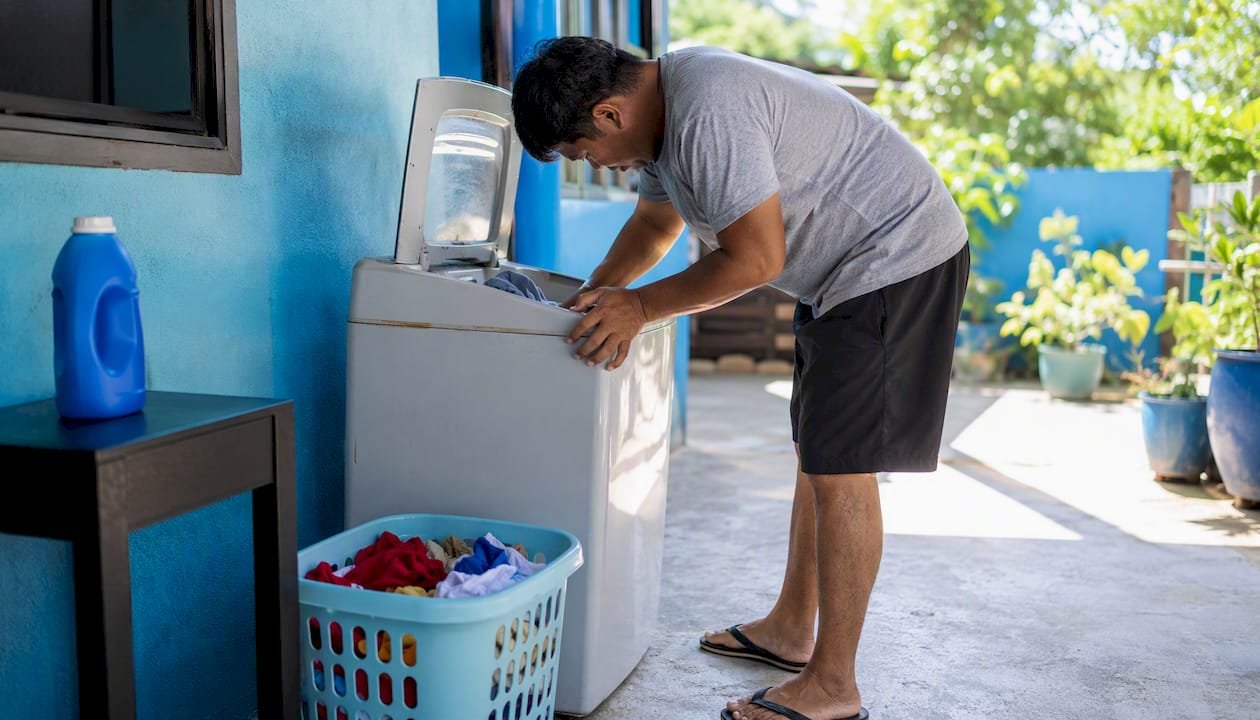 Person loading clothes into top-load washer