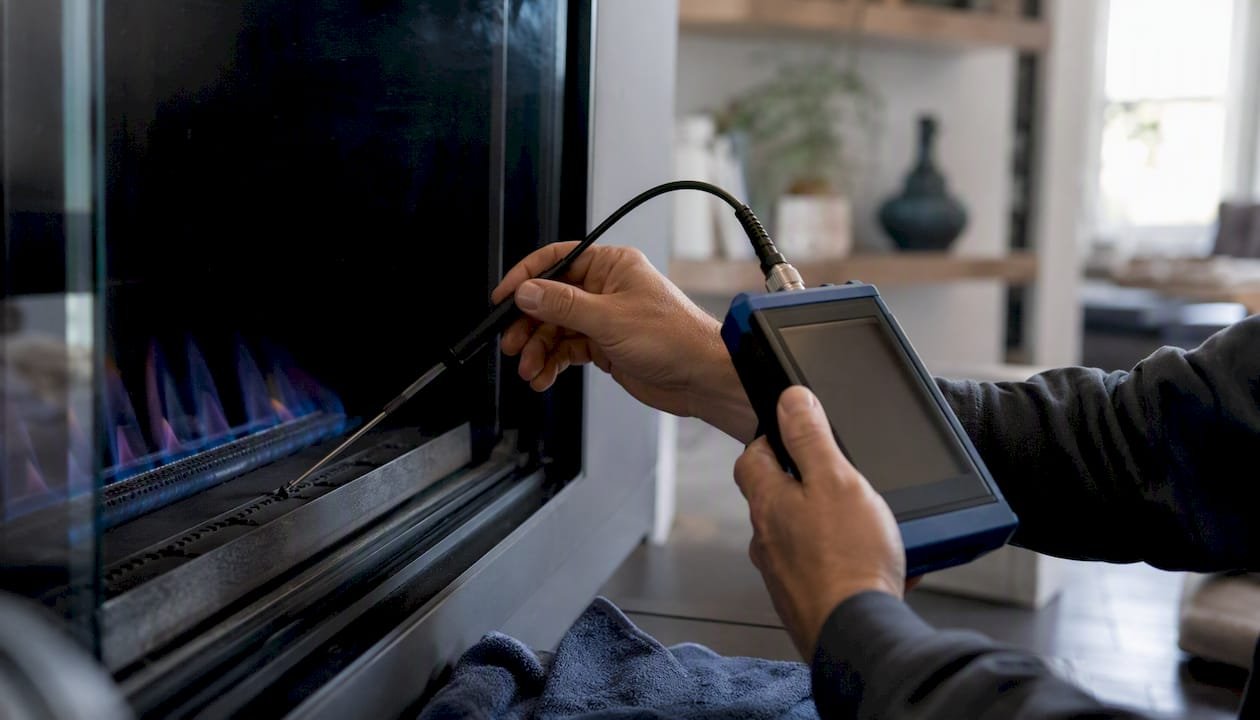 Technician measuring gas appliance combustion efficiency