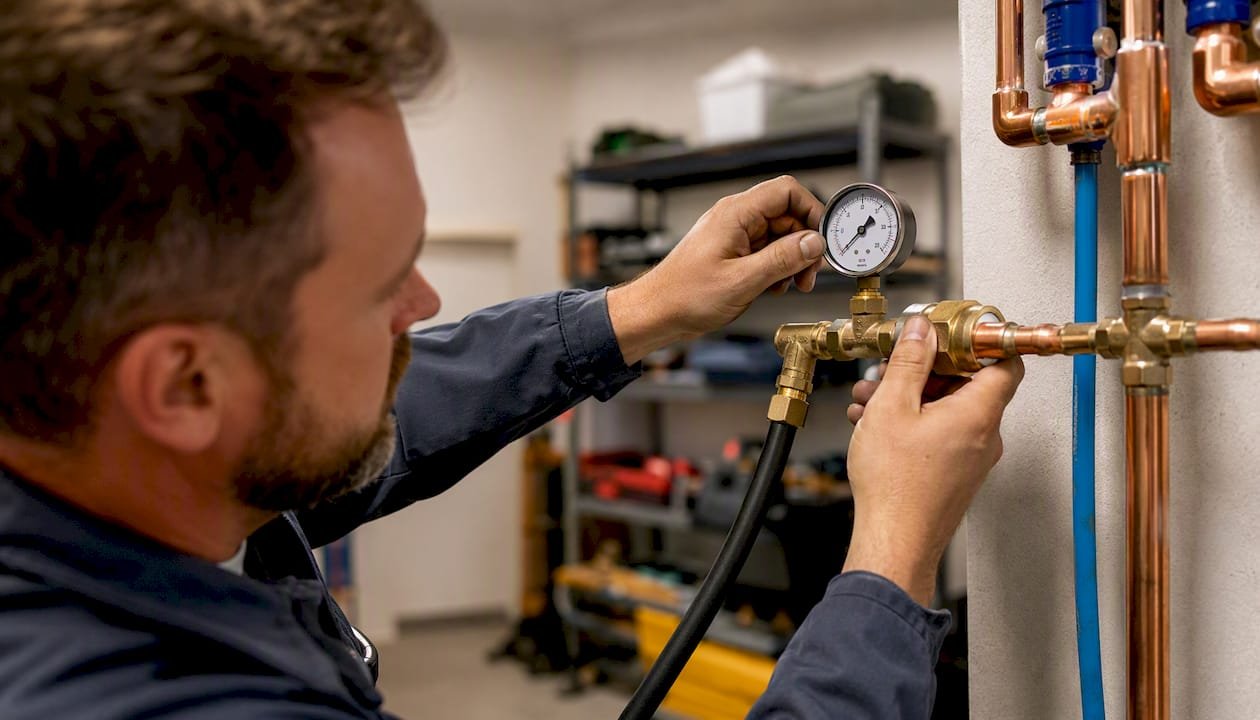 Contractor performing gas-piping pressure test indoors