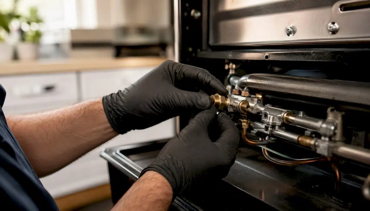 Hands performing fuel line conversion on gas oven