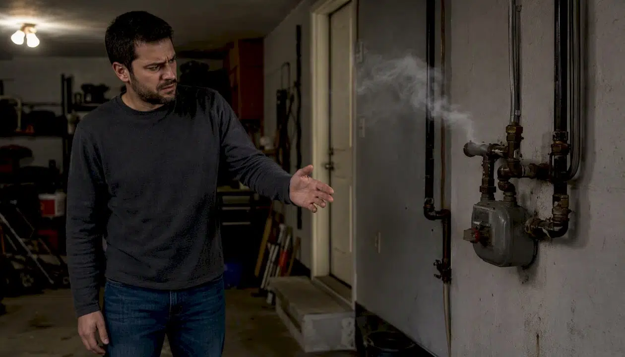 Hands reacting to gas leak smell near meter