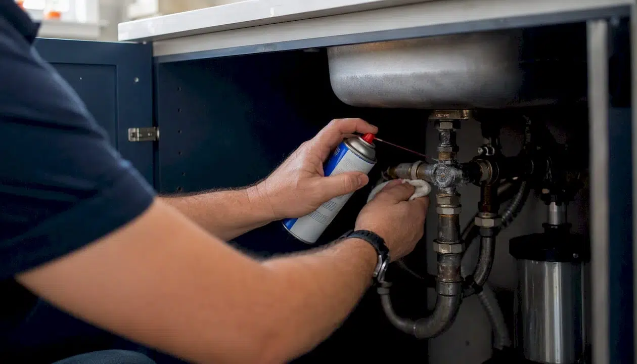 Hands spraying gas leak detection solution on pipe fitting