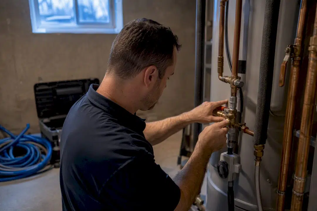 Plumber adjusting water heater valves