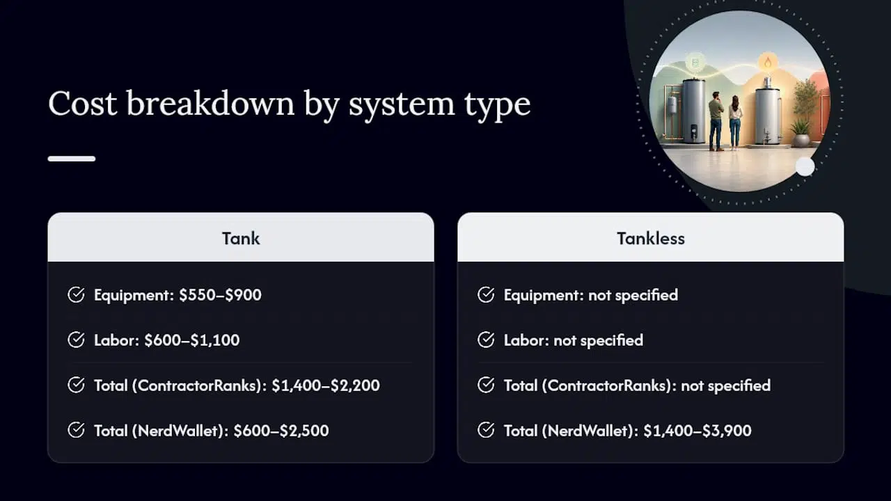 Cost comparison of water heater installation components