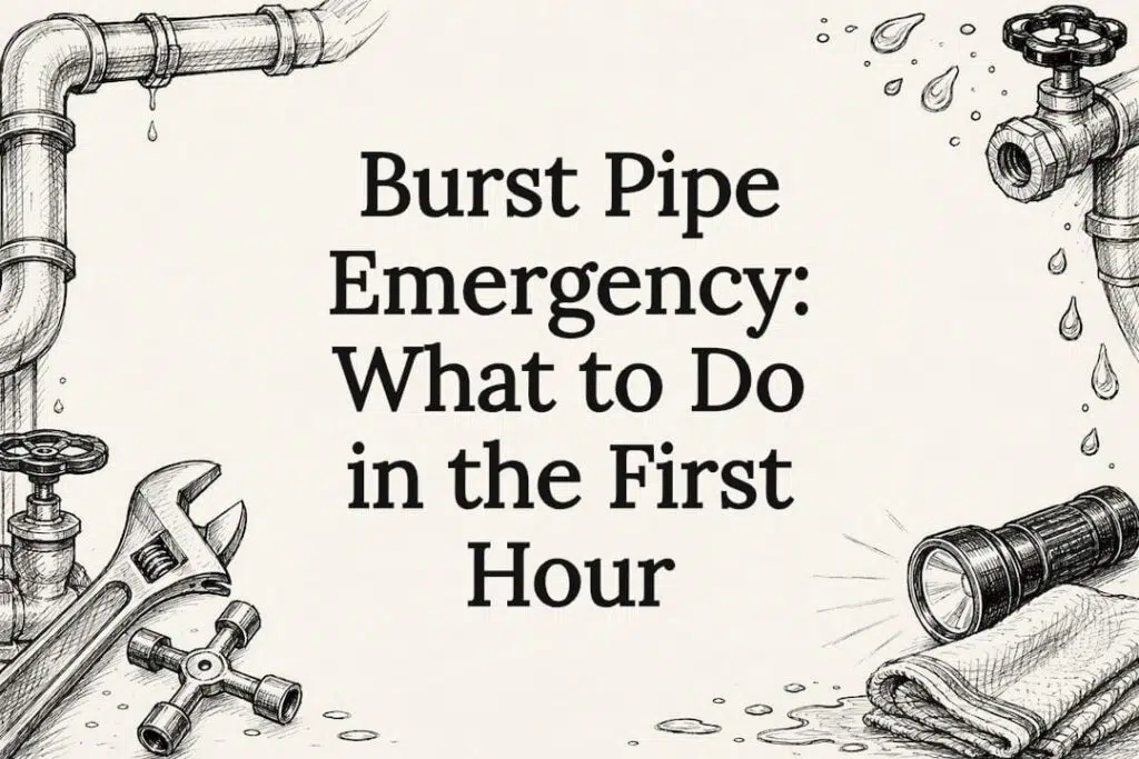 Decorative title card illustration for burst pipe emergency article
