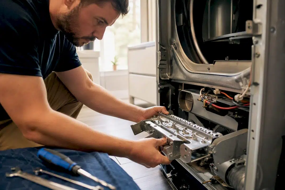 Technician replacing gas dryer burner