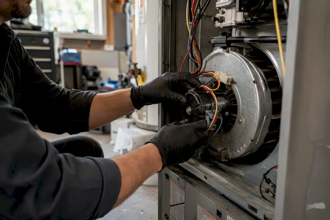 Technician inspecting furnace blower motor in basement