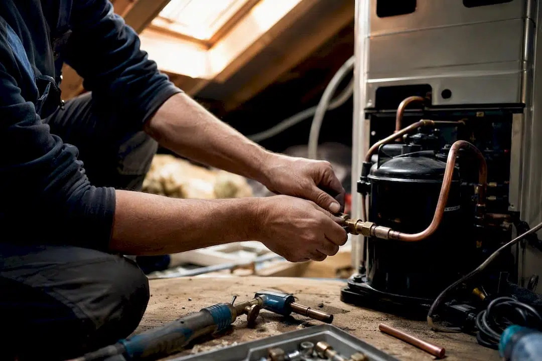 Technician brazing copper lines on AC compressor