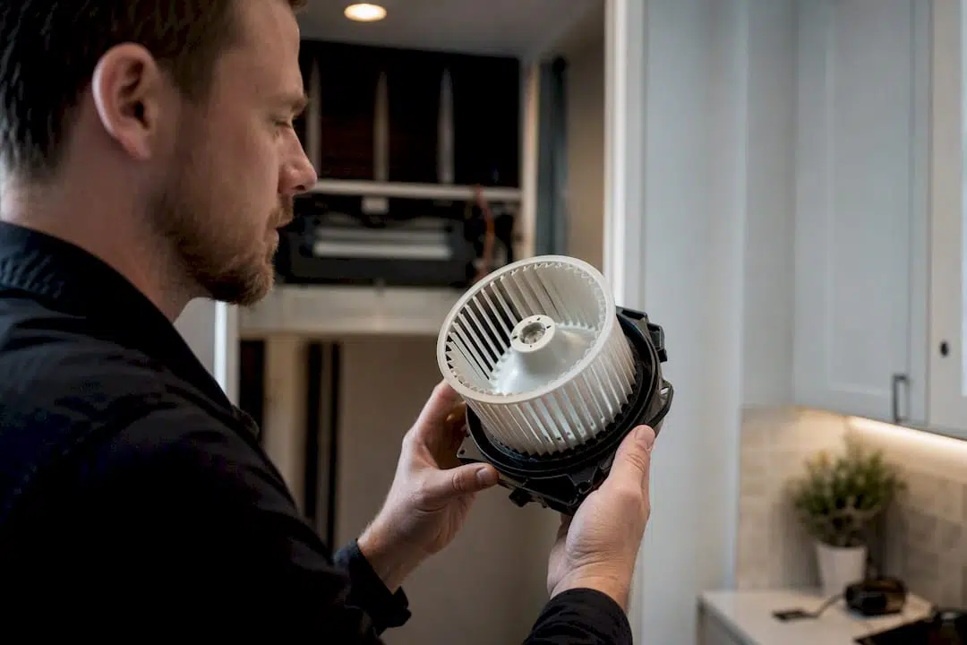 Technician hands inspecting dusty AC blower motor