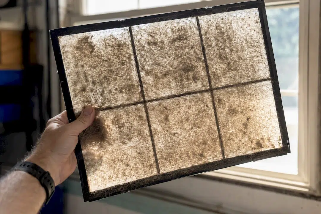 Close-up of clogged AC air filter held up to light