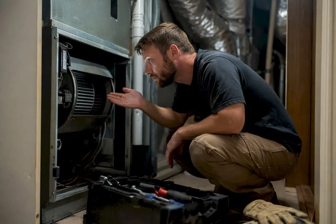 Technician testing blower motor airflow in utility closet