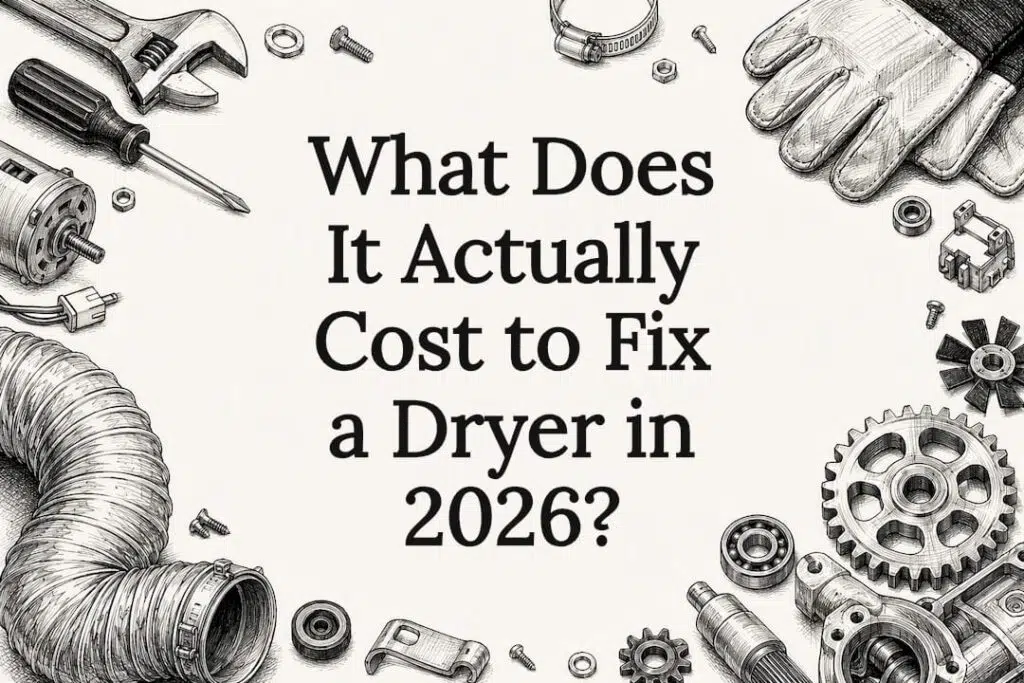 Decorative title card illustration for dryer repair costs article