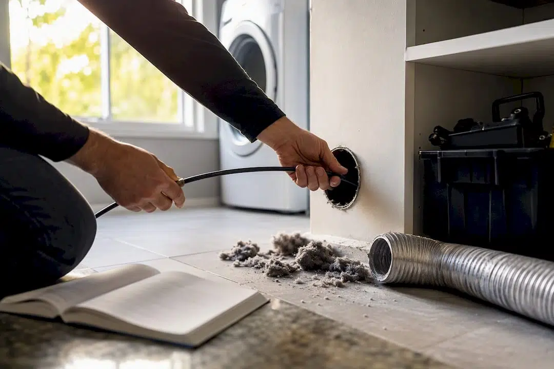 Hands tracing airflow blockage in dryer duct