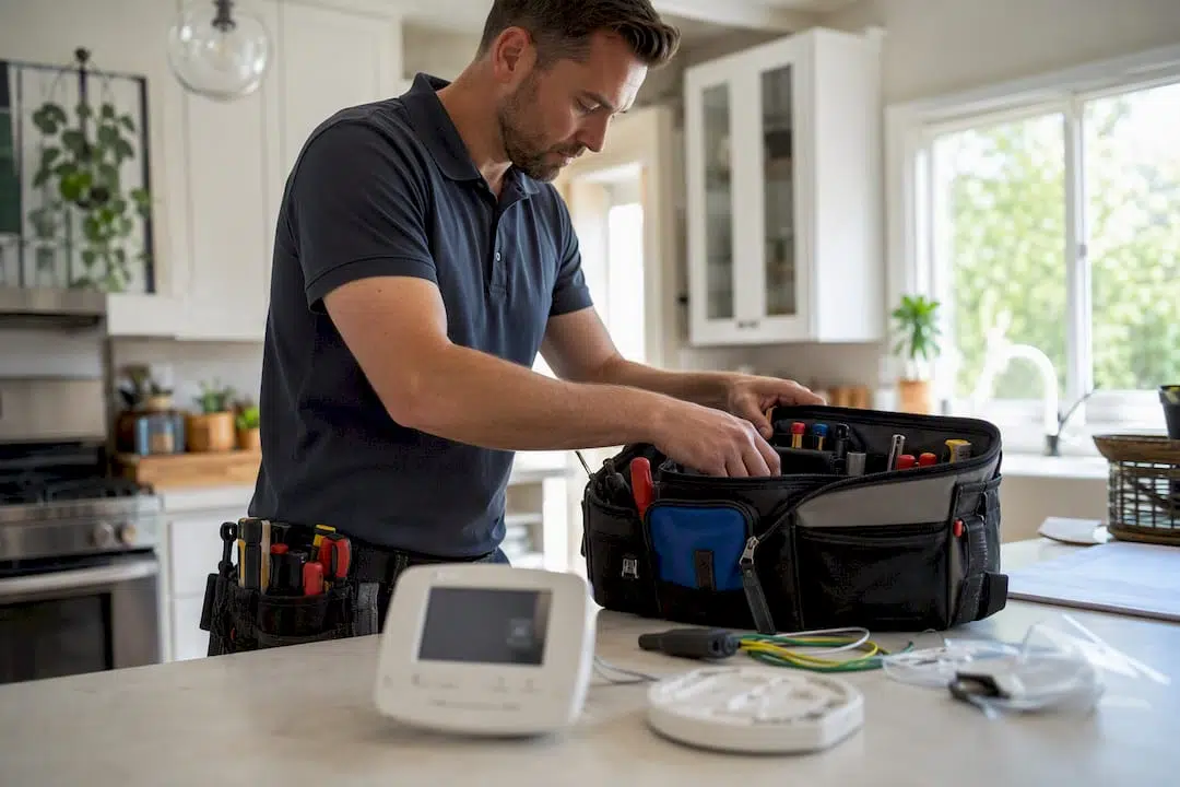 Technician organizing tools before thermostat install