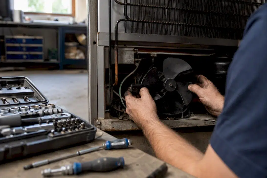 Technician hands repairing refrigerator cooling fan