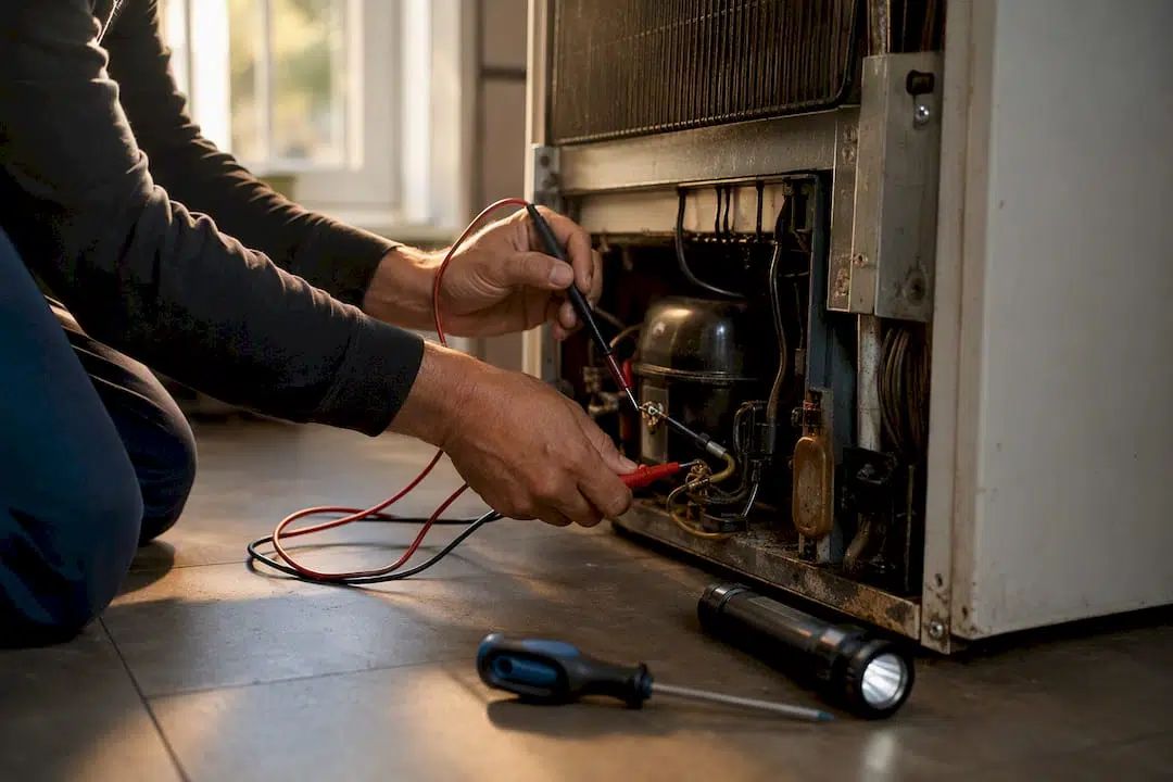 Technician hands diagnosing refrigerator inside utility closet