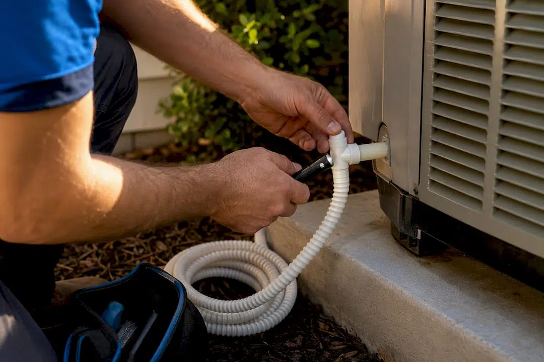 Technician testing an AC condensate drain