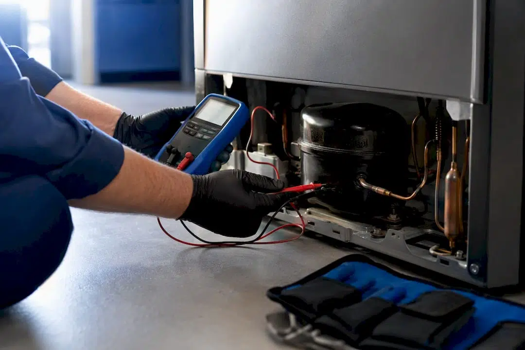Technician testing an anonymous refrigerator compressor