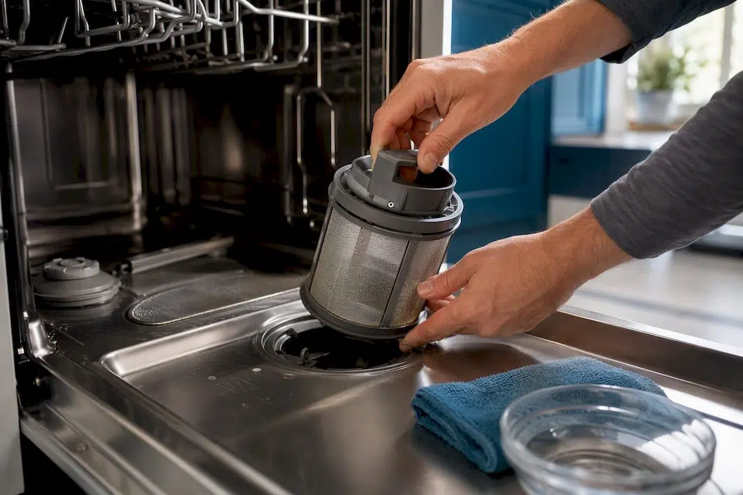 Hands removing dishwasher filter from sump
