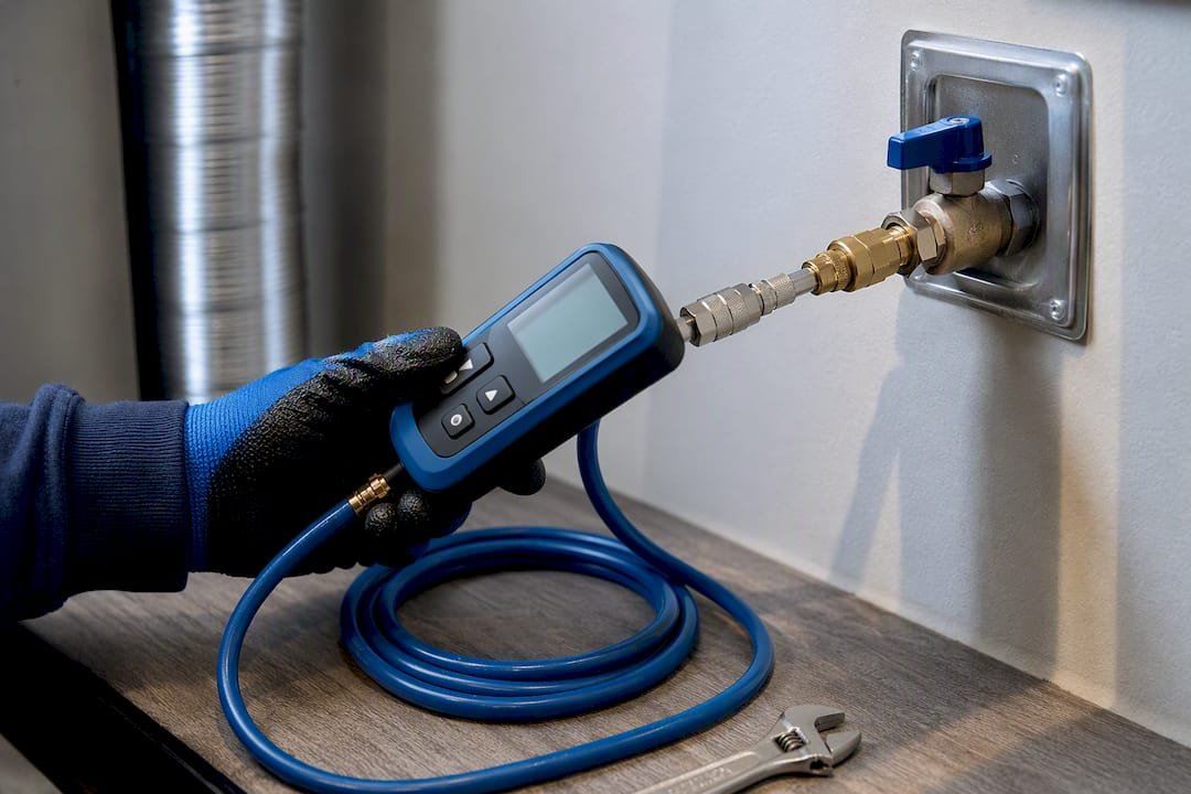 Technician testing a dryer gas hookup