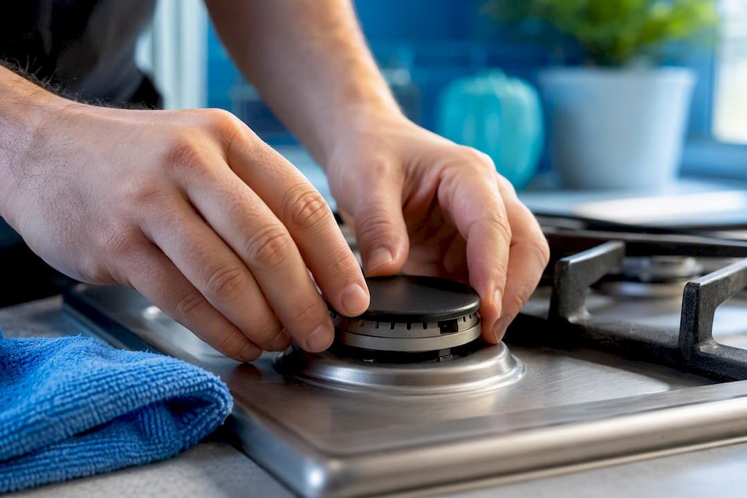 Hands checking dry burner cap alignment