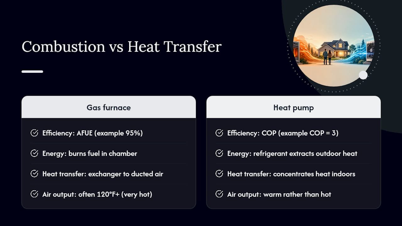 Furnace combustion versus heat pump heat transfer