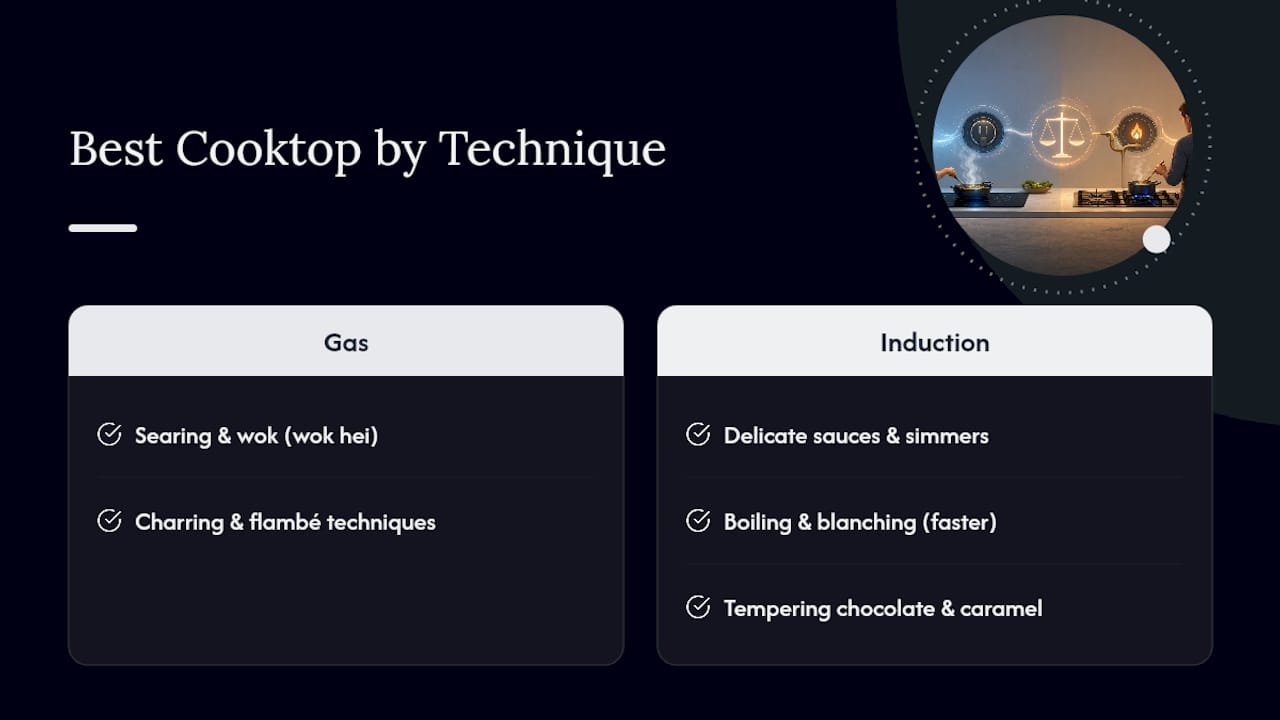 Gas and induction cooking technique comparison