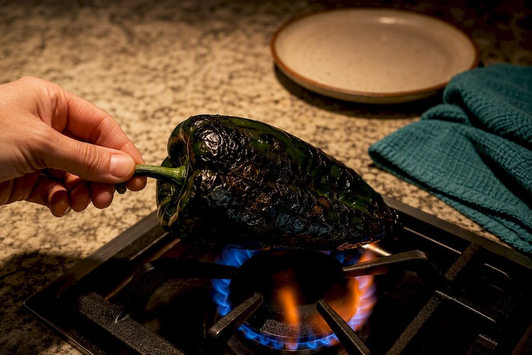 Poblano pepper charring over gas flame
