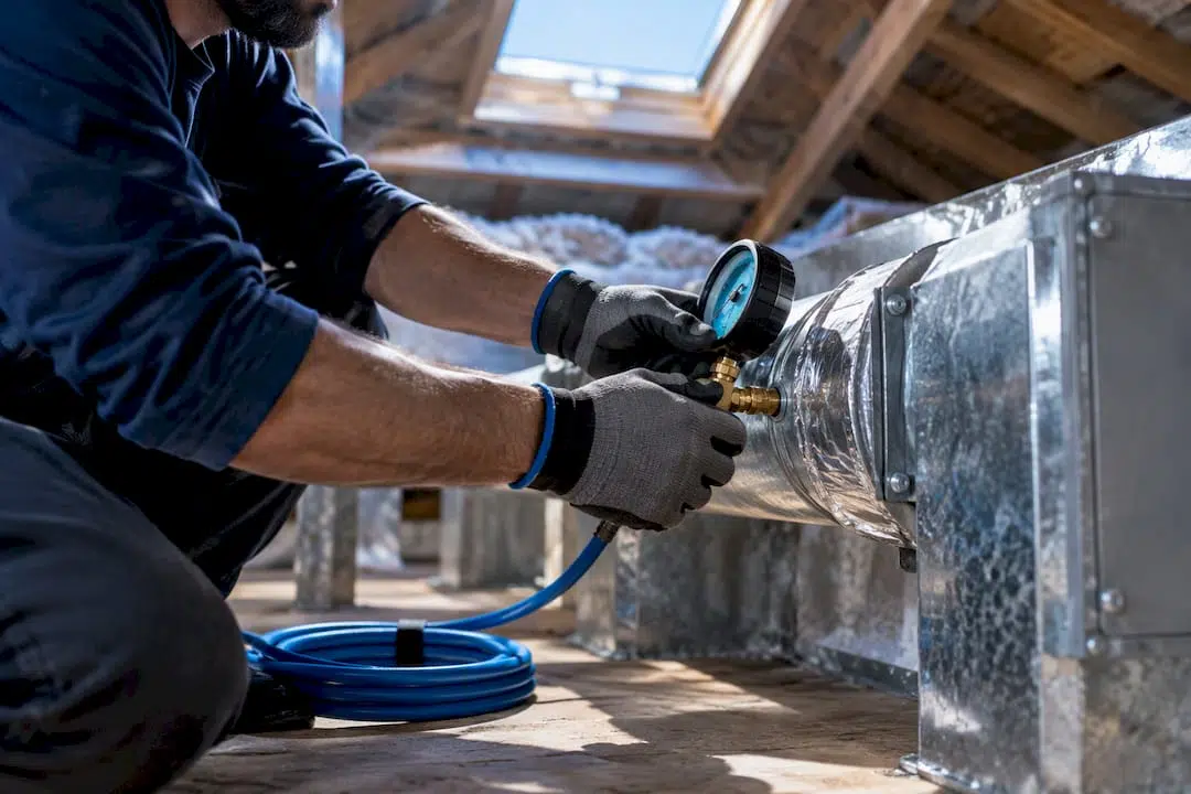 Technician testing residential HVAC ductwork