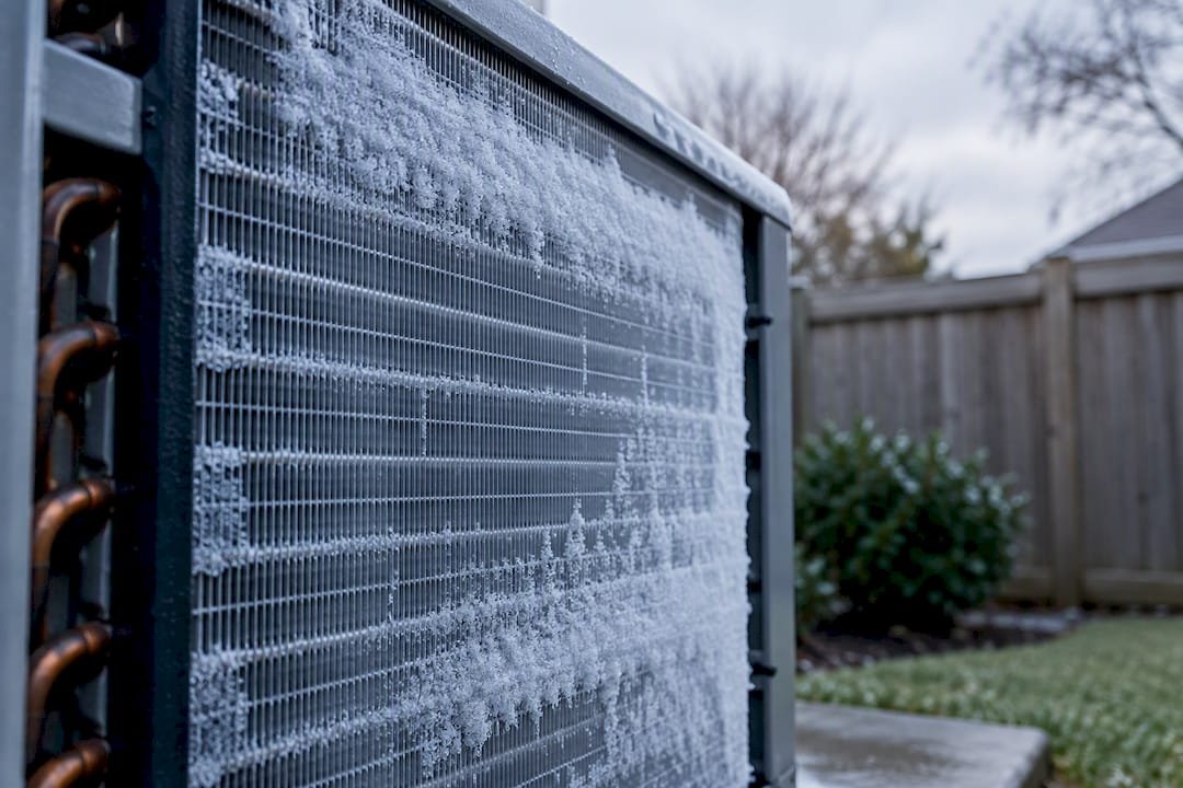 Thin frost covering an outdoor heat pump coil