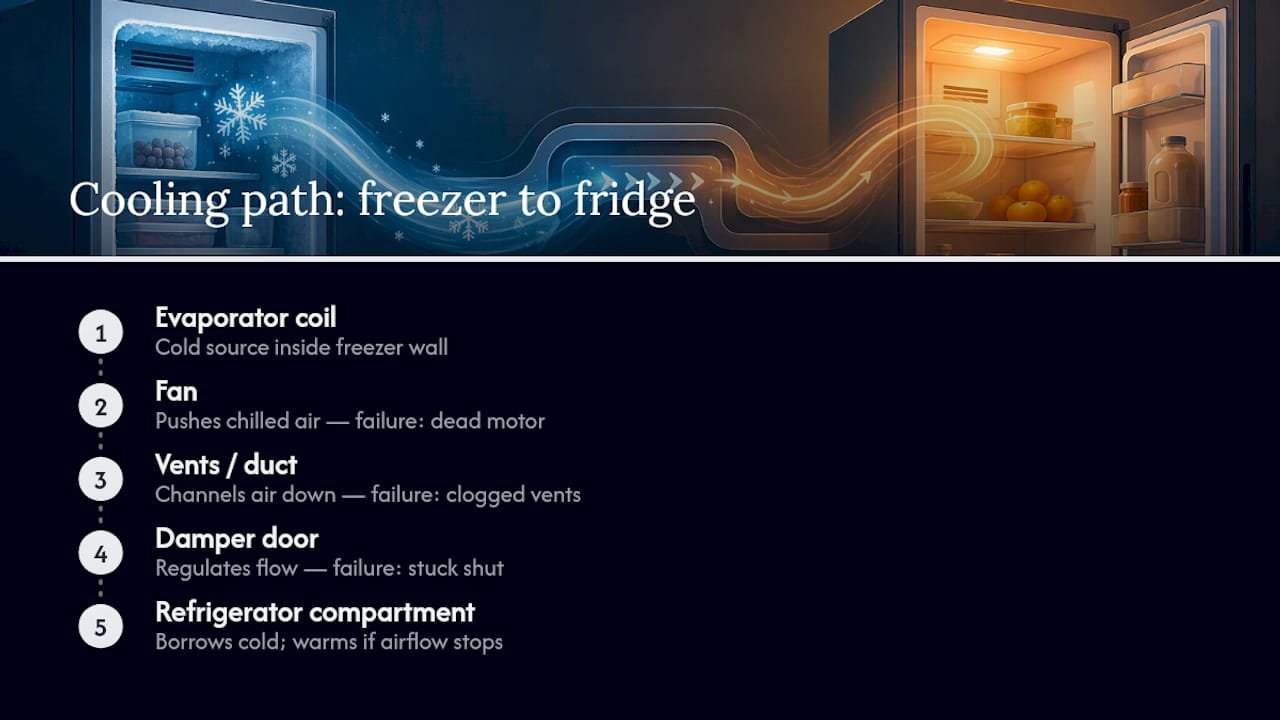 Diagram of freezer to fridge airflow path