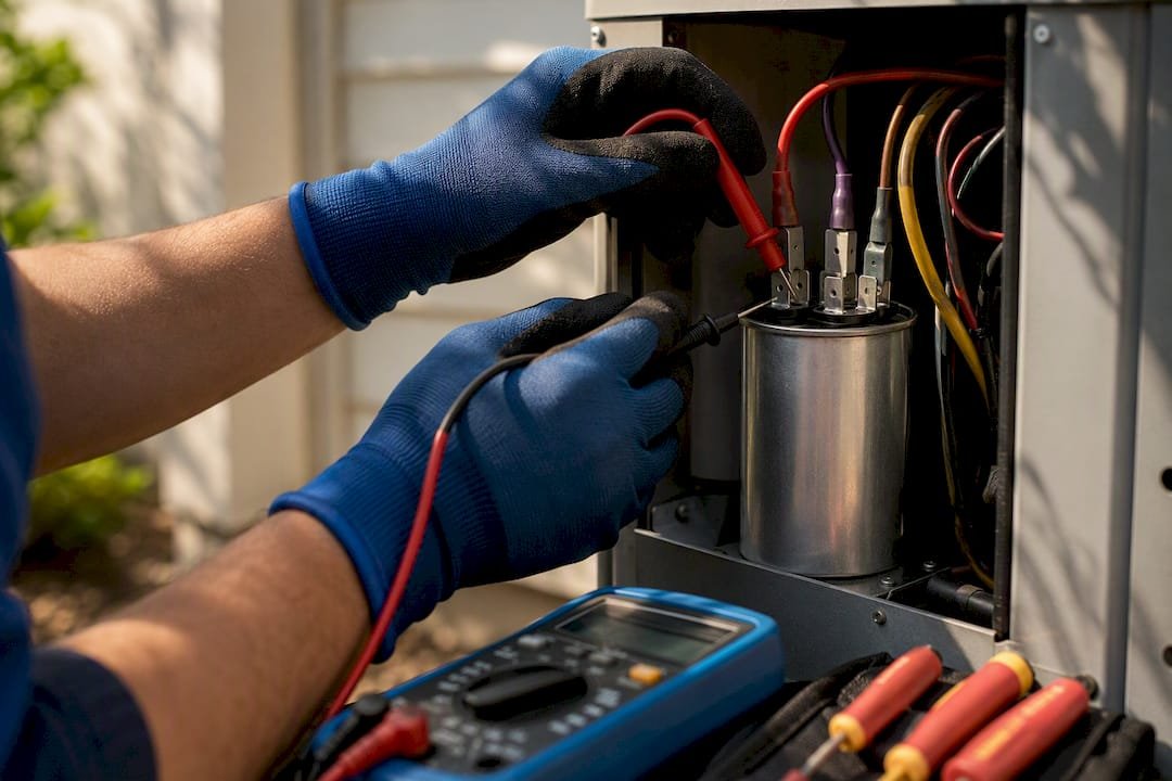 Technician testing an AC capacitor safely