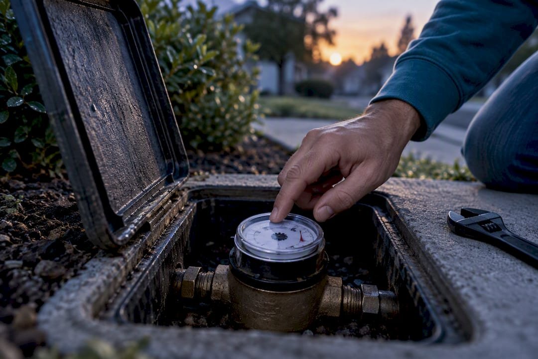Hand checking residential water meter dial