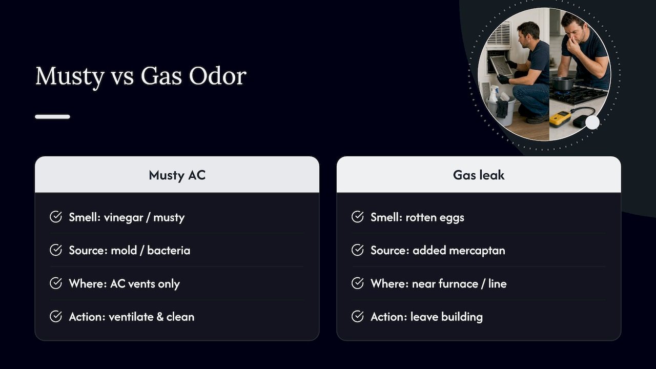 Musty AC odor versus gas leak comparison