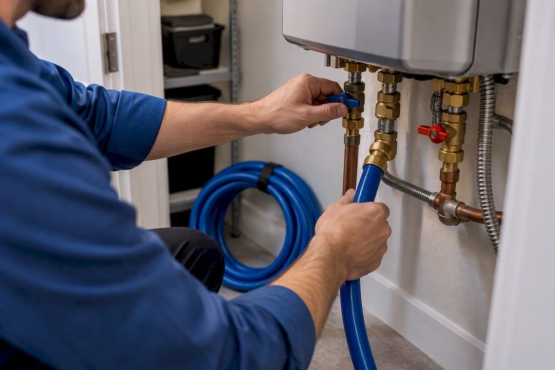 Technician checking tankless heater connections