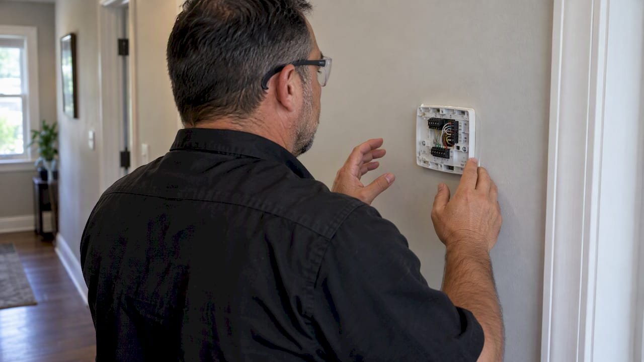 Technician inspecting exposed thermostat wiring