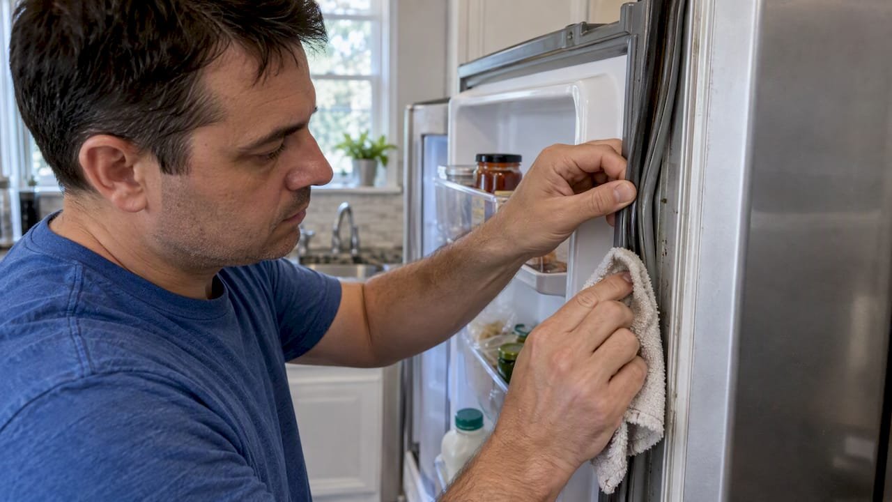 Homeowner cleaning refrigerator door gasket