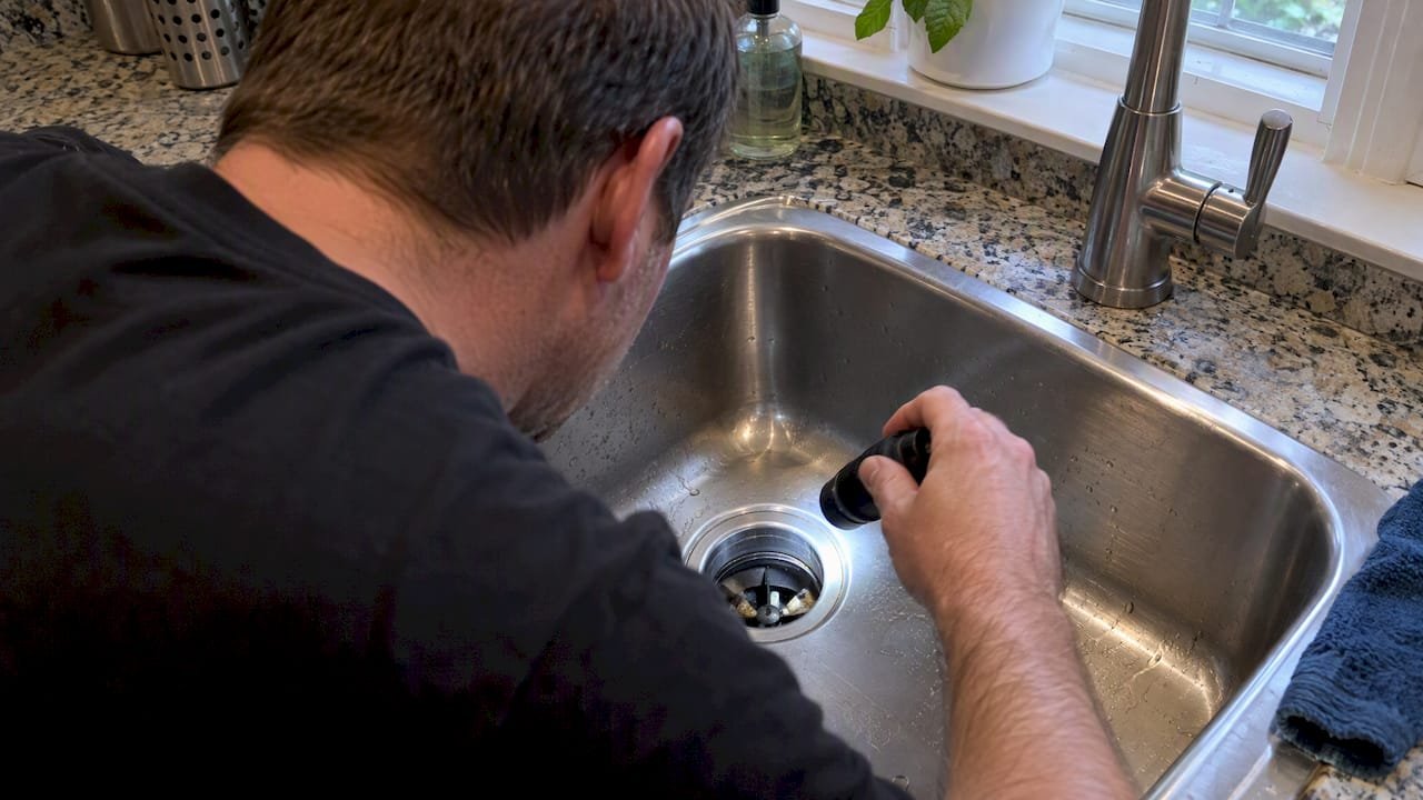 Homeowner checking kitchen disposal with flashlight
